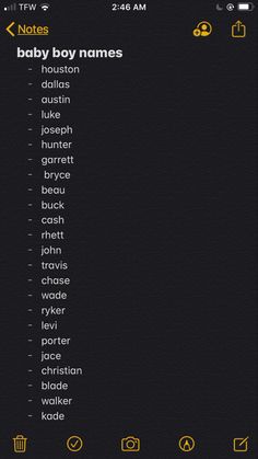 the baby boy name list is displayed on an iphone screen, with yellow and black letters