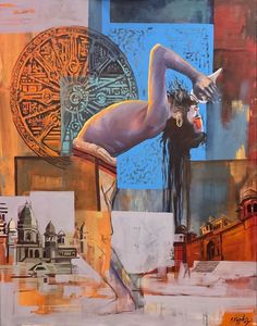 an abstract painting of a woman doing yoga in front of a cityscape background