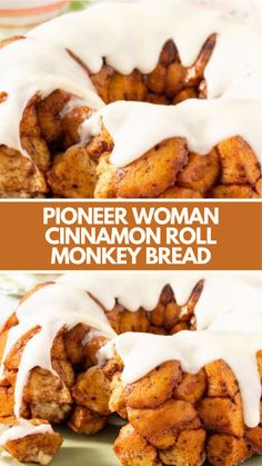 two pictures of cinnamon roll monkey bread with white icing on top and the bottom