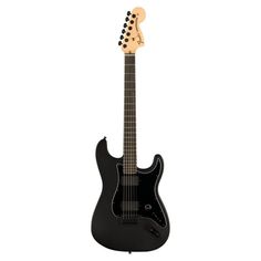 an electric guitar with black body and neck, sitting on a white background in front of a