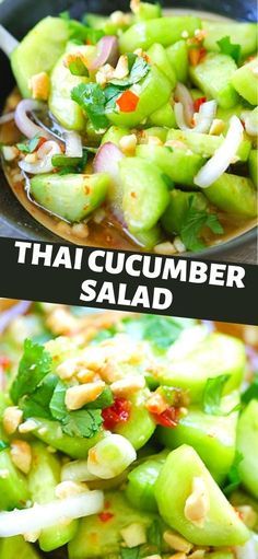 thai cucumber salad in a black bowl with the words thai cucumber salad