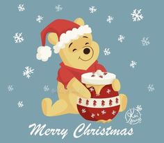 a merry christmas card with a teddy bear holding a bowl