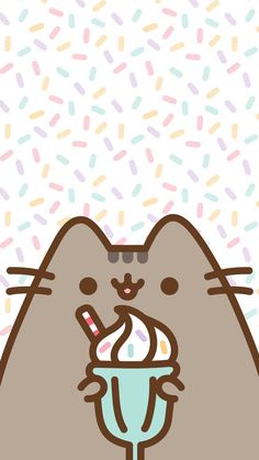 a cartoon cat holding a cup with an ice cream sundae in it's mouth