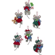 four ornaments are shown in the shape of mouses with bows and ribbons on them