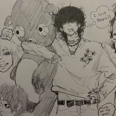 a drawing of some people and one is holding a teddy bear