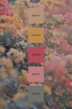 the color palette is different shades of pink, yellow and green with flowers in them