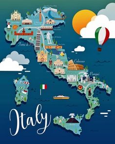 an illustrated map of italy with all the major attractions