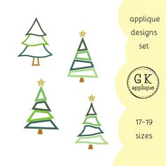 three christmas trees are shown in different colors and sizes, with the words applique designs set below them