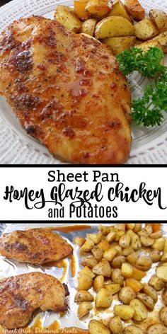 chicken and potatoes on a plate with the words sheet pan honey glazed chicken and potatoes