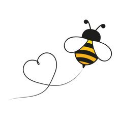 a bee flying through the air with a heart shaped string attached to it's back