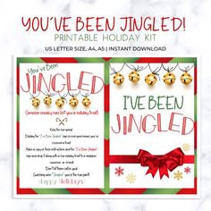 a christmas card with bells on it and the words you've been jungled printable holiday kit