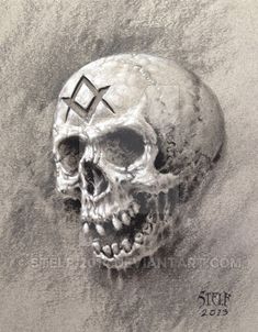 a drawing of a skull with an x on it's forehead