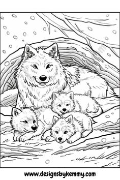 an adult wolf and her two puppies are laying down in the snow coloring page