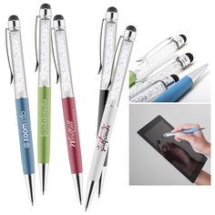 four different pens are shown next to each other, including one with a pen in it