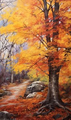 an oil painting of a path in the woods with autumn leaves and rocks on it