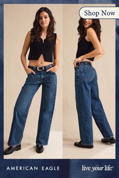 Mid-weight structured denim with just enough stretch for everyday comfort/Holds its shape & won't bag out. Ever./Dark wash/Utility details Aerie Bras, Graphic Tops, Cargo Jeans, Swim Accessories, Dark Wash Jeans, Wash Jeans, Night Outfits, Denim Shop, High Jeans