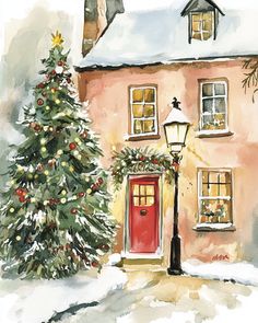 a watercolor painting of a christmas tree in front of a house with a red door