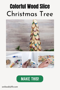 the colorful wood slice christmas tree is made from logs and has been decorated with paint