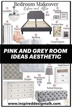 pink and grey room ideas Gray Velvet Bedroom Ideas, Velvet Bedroom Ideas, Grey Room Ideas Bedroom, Ideas Master Bedrooms, Pink And Grey Room Ideas, Grey Room Ideas, Bedroom Makeover Before And After, Grey Bedroom Ideas, Pink And Grey Room