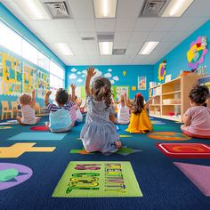 children are sitting on the floor in a room with colorful rugs and play mats