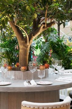 the table is set with place settings for two people to sit at, and there are trees in the background