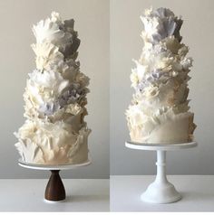 two pictures of a cake with flowers on it, one is white and the other is gray