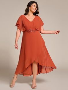 Elevate your style with our Plus Size V-Neck Chiffon Bat-Wing Sleeve A-Line Waist Applique Formal Dress. This dress is designed to flatter with its A-line silhouette, V-neckline, and bat-wing sleeves, providing comfort and elegance. The chiffon fabric drapes beautifully, while the applique detailing adds a touch of sophistication. Perfect for formal occasions, this dress combines style and inclusivity for a stunning and confident look.