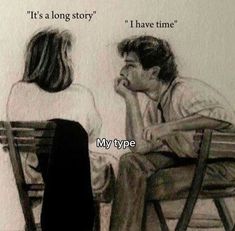 a drawing of a man sitting next to a woman on a chair with the caption it's a long story i have time