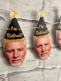 three photos of the same man wearing party hats on their heads, hanging from clothes line