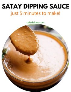 a spoon full of peanut butter being held by someone's hand with the caption saying, stay dipping sauce just 5 minutes to make