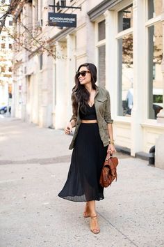 Olive shirt over cute two piece black outfit. Khakis Outfit, Fashion Trend Report, Brian Atwood Heels, Military Parka, Khaki Blazer, Over Dress, Brian Atwood, Army Jacket, Looks Chic