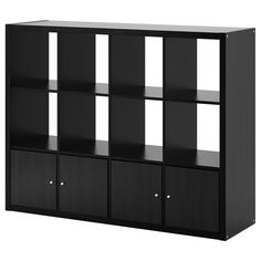 a black bookcase with six compartments and four doors