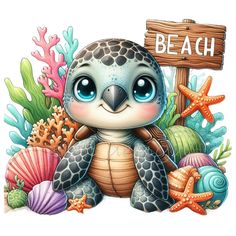 a drawing of a sea turtle sitting in the sand with a sign that says beach