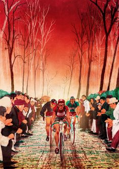 a painting of a man riding a bike down a road surrounded by people and trees