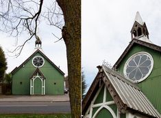 two pictures of a green church with a clock on the front and side of it