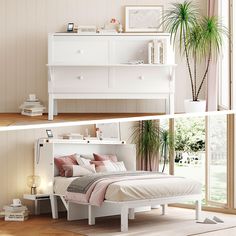 there are two pictures of a bedroom with white furniture and pink bed linens on the floor