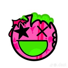 a pink and green bowl with black stars on it's face in the center