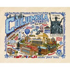 the columbia university campus map is shown in blue and white, with an image of the statue