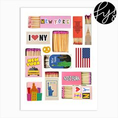 an assortment of matches and stickers with the words i love new york on them