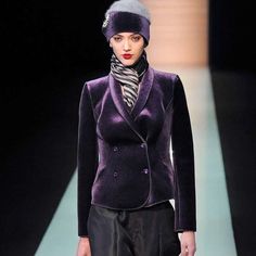 Emporio Armani Autumn/Winter 2013 Royal Purple Velvet / Velveteen Neoprene Double Breasted Blazer Designed By Giorgio Armani. Runway Look #65. Shawl Collar. Long Sleeves. Four Double Breasted Button Detail With Two Exterior Button Closures And Single Interior Button Closure. Princess Seams For Contoured Fit. Raw Edge Detail. Unlined. Bin N Giorgio Armani Runway, Armani Runway, Blazer Designs, Princess Seams, Purple Velvet, Royal Purple, Tailored Suits, Breasted Blazer, Double Breasted Blazer