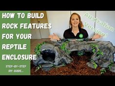 a woman sitting in front of a fake rock with the words how to build rock features for your reptile enclosure