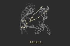 the zodiac sign taurus is depicted on a black background with gold stars in it