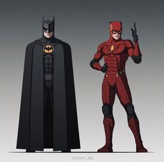 two superheros standing next to each other in front of a gray background, one wearing a red and black costume