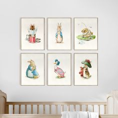 four pictures of animals in different outfits hanging on the wall above a crib with a baby's bed