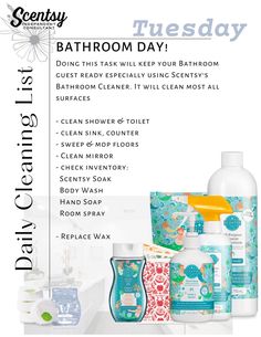 an advertisement for a bath room day with products on the counter and in front of it