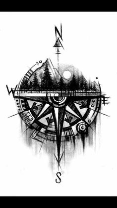 a black and white drawing of a compass