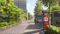 a painting of a city street lined with trees