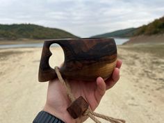 a hand holding a wooden object in front of a sandy beach