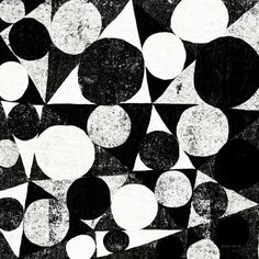 an abstract black and white painting with circles and triangles on it's surface is shown