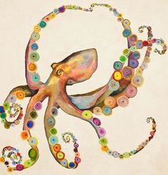 an octopus made out of buttons on a white background is featured in this painting by person